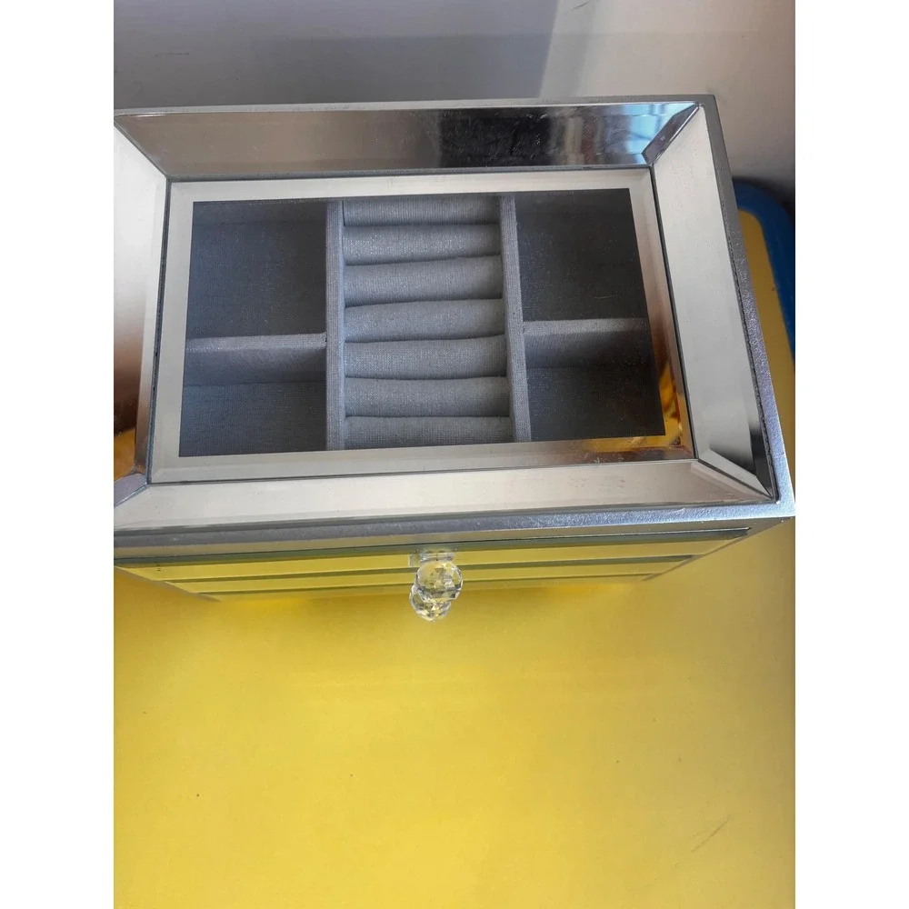 Mirrored 3 Drawer Jewelry Box Glass Top Crystal Knobs Silver Vanity Organizer